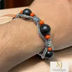 Black Onyx Coral Bracelet Sterling Silver Handmade Wire Wrapped Cuff Bracelet