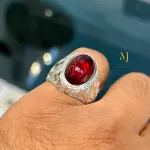 Natural Malaya Garnet Cabochon Ring 925 Silver Handmade Hand-Engraved Jewelry