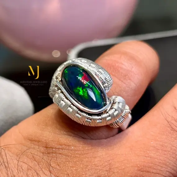 Ethiopian Black Opal Ring Sterling Silver Wire Wrapped Handmade Cabochon Ring