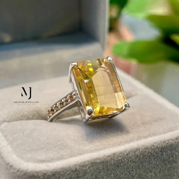 Natural Citrine Ring Sterling Silver Handmade Rectangular Pixel Cut Ladies Ring