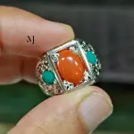 Natural Coral & Turquoise Ring • Handmade Sterling Silver 925 Statement Jewelry
