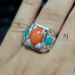 Natural Coral & Turquoise Ring • Handmade Sterling Silver 925 Statement Jewelry