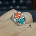 Natural Coral & Turquoise Ring • Handmade Sterling Silver 925 Statement Jewelry