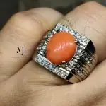 Natural Coral Ring with Cubic Zirconia • Handmade Sterling Silver 925 Men's Ring