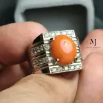 Natural Coral Ring with Cubic Zirconia • Handmade Sterling Silver 925 Men's Ring