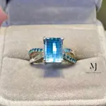 Natural Swiss Blue Topaz Ring Sterling Silver, Pixel Cut Topaz & CZ Ring For Her