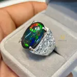 Natural Ethiopian Black Opal Ring | Sterling Silver Handmade Hand-Engraved Ring
