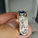 Natural Blue Sapphire Ring Sterling Silver 925 Handmade Hand-Engraved Band Ring