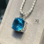 Natural Swiss Blue Topaz Pendant Sterling Silver with Rope Chain Women’s Jewelry