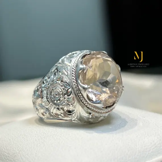 Natural Topaz Sterling Silver Ring | Handmade Hand-Engraved Statement Jewelry