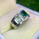 Natural Emerald Ring Sterling Silver 925 Handmade with Cubic Zirconia Accents