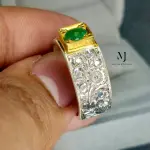 Natural Emerald Band Ring - Sterling Silver 925 Handmade Hand-Engraved Ring Gift