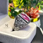 Natural Ruby Silver Ring | Hand Engraved 925 Sterling Silver Men’s Statement Jewelry