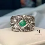 Natural Emerald Ring Band Sterling Silver 925 Handmade Hand Engraved Ring.