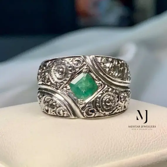 Natural Emerald Ring Band Sterling Silver 925 Handmade Hand Engraved Ring.