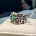 Natural Emerald Ring Band Sterling Silver 925 Handmade Hand Engraved Ring.