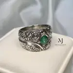 Natural Emerald Ring Band Sterling Silver 925 Handmade Hand Engraved Ring.