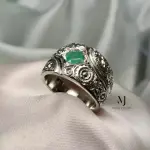 Natural Emerald Ring Band Sterling Silver 925 Handmade Hand Engraved Ring.