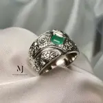 Natural Emerald Ring Band Sterling Silver 925 Handmade Hand Engraved Ring.