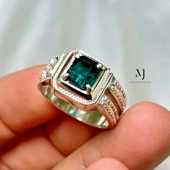 Natural Indicolite Tourmaline Sterling Silver 925 Handmade Hand Engraved Ring.