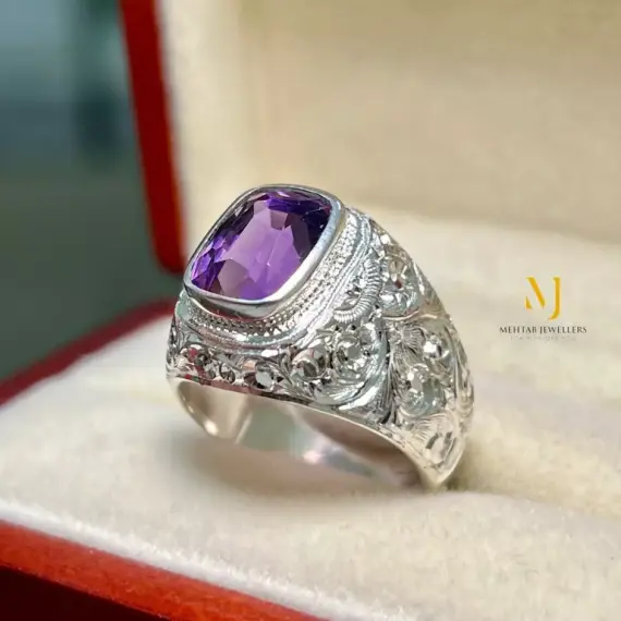 Natural Amethyst Ring For Men - Sterling Silver Hand Engraved Ring For Men