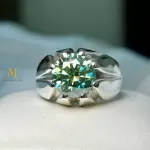 Fancy Intense Bluish Green Moissanite Sterling Silver Handmade Ring For Men