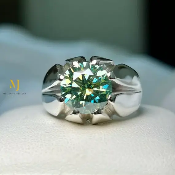 Fancy Intense Bluish Green Moissanite Sterling Silver Handmade Ring For Men