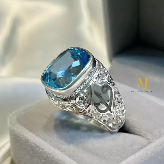 Natural Swiss Blue Topaz Sterling Silver 925 Handmade Hand Engraved Ring For Men