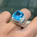 Natural Swiss Blue Topaz Sterling Silver 925 Handmade Hand Engraved Ring For Men