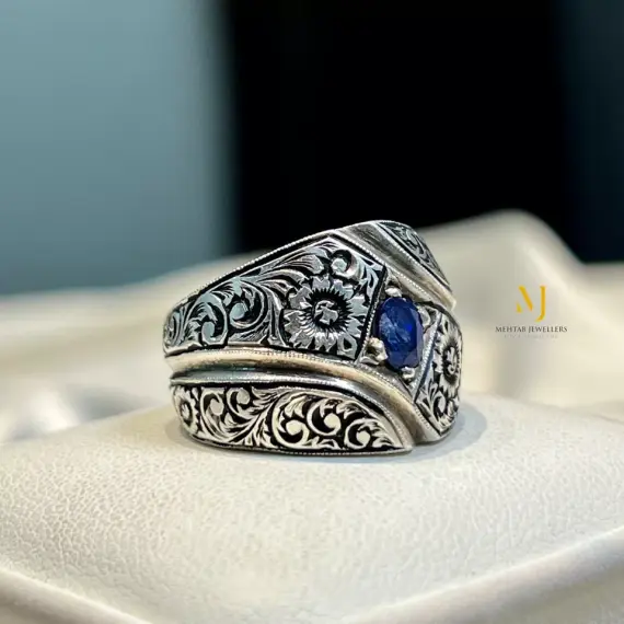 Natural Blue Sapphire Sterling Silver 925 Handmade Hand-Engraved Ring, Band Ring